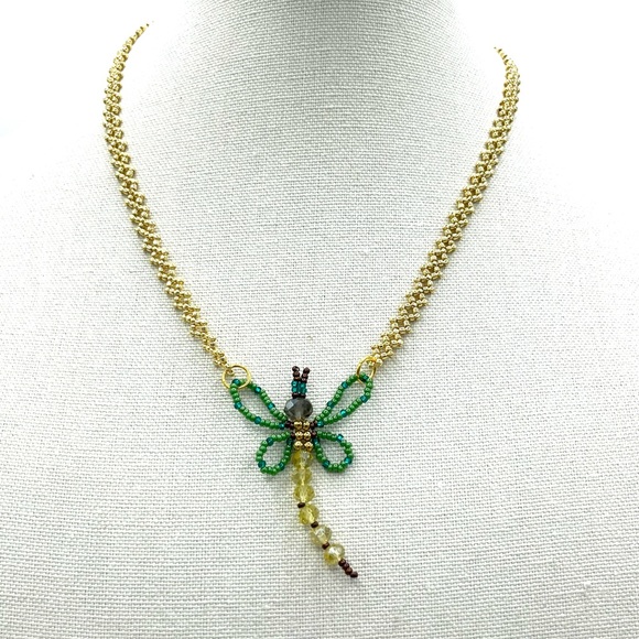 Hand Crafted Jewelry - #14- Hand Crafted Gold and Green Dragonfly Statement Necklace